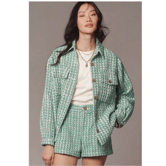 Anthropologie Jackets & Blazers - Anthropologie Maeve Plaid Tweed Relaxed Shacket Shirt Jacket Preppy Green XL